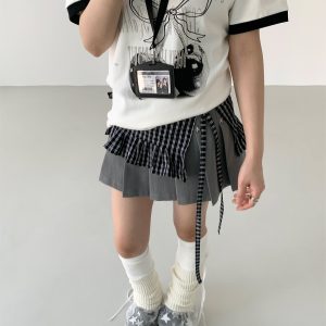 Black and White Checkered Handmade Pleated Lace One-Piece Tie Layered Skirt - Trendy Y2K Fashion Statement