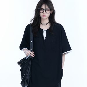Black and White Color-Block Short Sleeve T-Shirt for Women - Fake Two-Piece Design, Round Neck, Heavy Loose Fit, Summer Style
