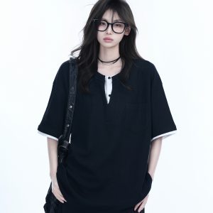 Black and White Color-Block Short Sleeve T-Shirt for Women - Fake Two-Piece Design, Round Neck, Heavy Loose Fit, Summer Style