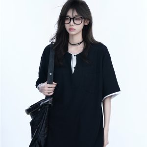 Black and White Color-Block Short Sleeve T-Shirt for Women - Fake Two-Piece Design, Round Neck, Heavy Loose Fit, Summer Style
