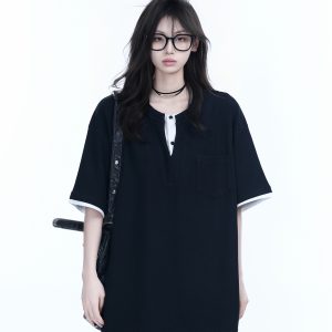 Black and White Color-Block Short Sleeve T-Shirt for Women - Fake Two-Piece Design, Round Neck, Heavy Loose Fit, Summer Style