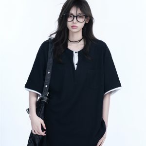 Black and White Color-Block Short Sleeve T-Shirt for Women - Fake Two-Piece Design, Round Neck, Heavy Loose Fit, Summer Style