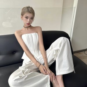 Black and White Fishbone Strapless Top with Waist-Cinching Design and Straight-Leg Parachute Pants for Cool Y2K Workwear Style