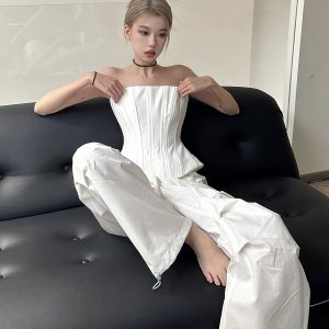 Black and White Fishbone Strapless Top with Waist-Cinching Design and Straight-Leg Parachute Pants for Cool Y2K Workwear Style