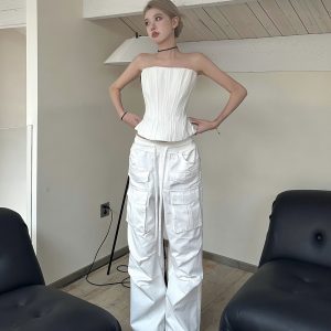 Black and White Fishbone Strapless Top with Waist-Cinching Design and Straight-Leg Parachute Pants for Cool Y2K Workwear Style