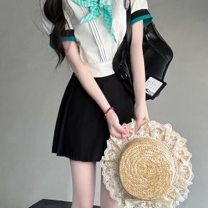 Black and White Plaid Women's Short Sleeve Sailor Suit - Summer JK Uniform with Navy Collar, Pudding Bear Inspired College Style