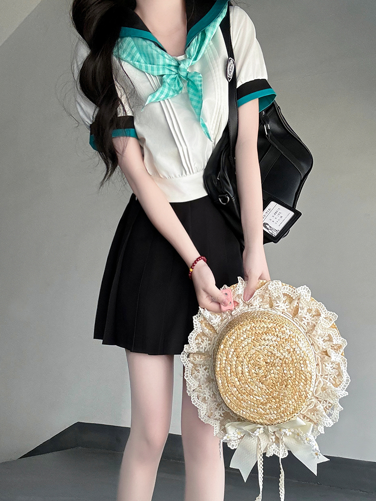 Black and White Plaid Women's Short Sleeve Sailor Suit - Summer JK Uniform with Navy Collar, Pudding Bear Inspired College Style Black and White Plaid Women's Short Sleeve Sailor Suit - Summer JK Uniform with Navy Collar, Pudding Bear Inspired College Style