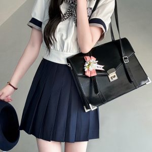 Black and White Plaid Women's Short Sleeve Sailor Suit - Summer JK Uniform with Navy Collar, Pudding Bear Inspired College Style