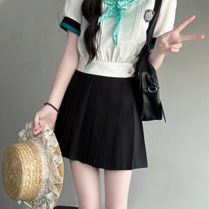 Black and White Plaid Women's Short Sleeve Sailor Suit - Summer JK Uniform with Navy Collar, Pudding Bear Inspired College Style