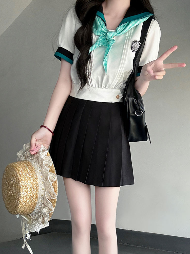 Black and White Plaid Women's Short Sleeve Sailor Suit - Summer JK Uniform with Navy Collar, Pudding Bear Inspired College Style Black and White Plaid Women's Short Sleeve Sailor Suit - Summer JK Uniform with Navy Collar, Pudding Bear Inspired College Style