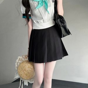 Black and White Plaid Women's Short Sleeve Sailor Suit - Summer JK Uniform with Navy Collar, Pudding Bear Inspired College Style