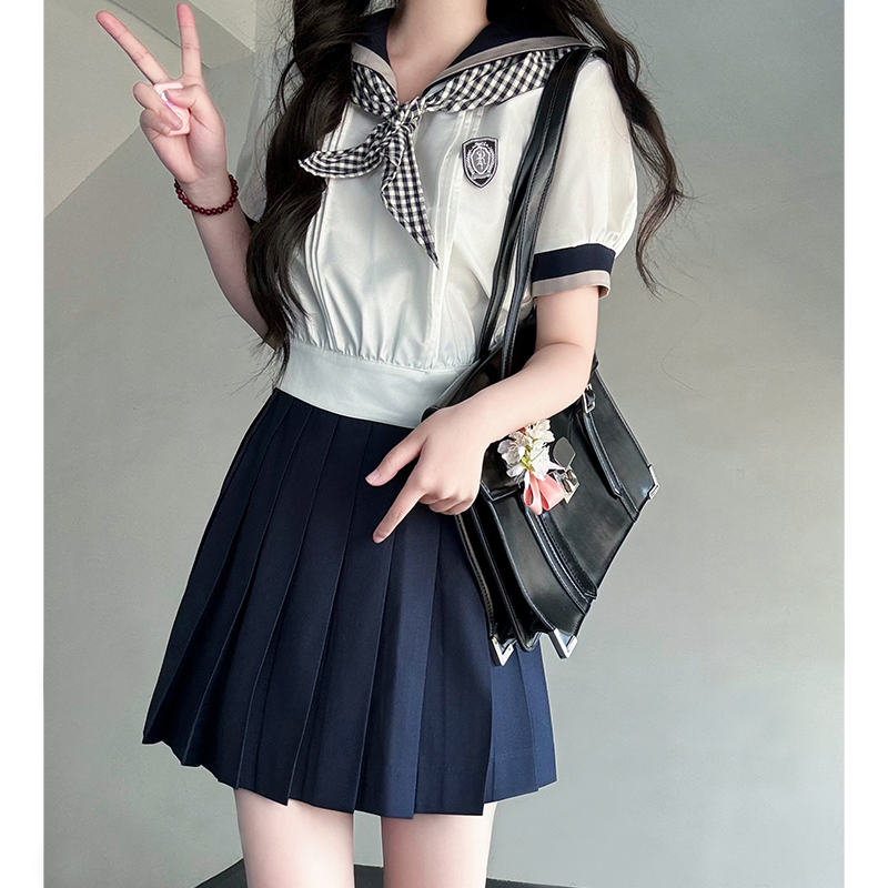 Black and White Plaid Women's Short Sleeve Sailor Suit - Summer JK Uniform with Navy Collar, Pudding Bear Inspired College Style