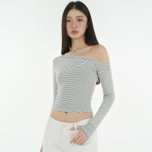 Black and White Striped Off-Shoulder T-Shirt and Straight-Leg Floor-Length Casual Pants Set - Chic Summer Outfit for 90s Style