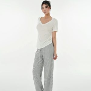 Black and White Striped Off-Shoulder T-Shirt and Straight-Leg Floor-Length Casual Pants Set - Chic Summer Outfit for 90s Style