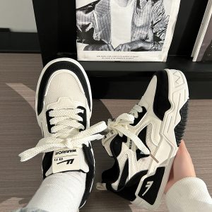 Black and White Unisex Thick-Soled Sneakers - Summer Mesh Breathable Couple Shoes - Versatile Popular Little White Shoes for Women
