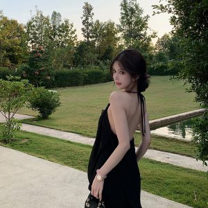 Black Backless Halter Neck Chiffon Dress with Lace - Summer Nanyang Dream Style, Short Skirt, Perfect for 90s and Y2K Fashion