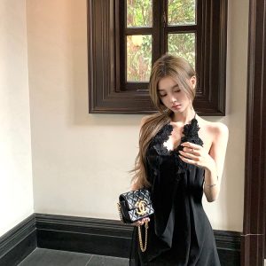 Black Backless Halter Neck Chiffon Dress with Lace - Summer Nanyang Dream Style, Short Skirt, Perfect for 90s and Y2K Fashion