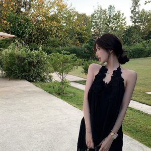Black Backless Halter Neck Chiffon Dress with Lace - Summer Nanyang Dream Style, Short Skirt, Perfect for 90s and Y2K Fashion
