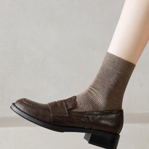 Black Chunky Heel Mid-Heel Loafers for Women - Sheepskin Round-Toe Leather Shoes - British Style Spring/Summer 2025 Fashion