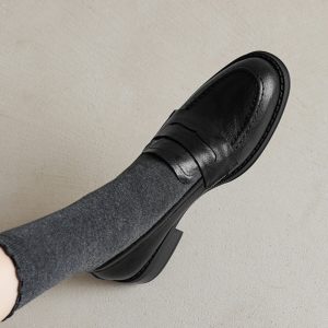 Black Chunky Heel Mid-Heel Loafers for Women - Sheepskin Round-Toe Leather Shoes - British Style Spring/Summer 2025 Fashion