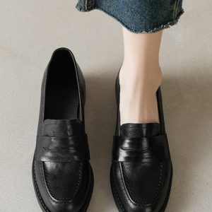 Black Chunky Heel Mid-Heel Loafers for Women - Sheepskin Round-Toe Leather Shoes - British Style Spring/Summer 2025 Fashion