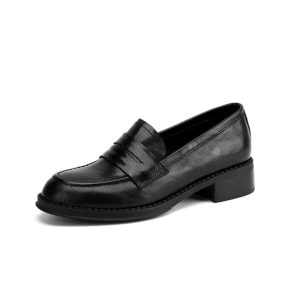 Black Chunky Heel Mid-Heel Loafers for Women - Sheepskin Round-Toe Leather Shoes - British Style Spring/Summer 2025 Fashion