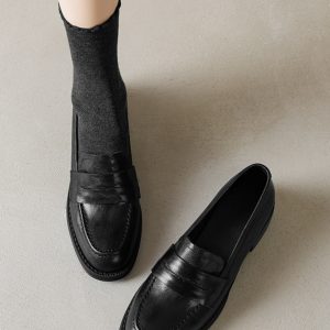 Black Chunky Heel Mid-Heel Loafers for Women - Sheepskin Round-Toe Leather Shoes - British Style Spring/Summer 2025 Fashion