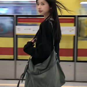 Black Color-Blocking V-Neck Sweatshirt for Women - Casual Long Sleeve Pullover with Letter Print - Spring 90s Lazy Style