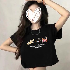 Black Cropped Short-Sleeve T-Shirt for Women - Youthful Summer Style for Petite Students and Big Kids, Cool and Trendy Fashion
