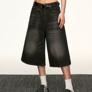 Black Denim Capri Pants for Women - American Style Loose Straight-Leg Versatile Wide-Leg Trousers for Spring/Summer 2025 Fashion