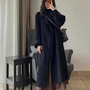 Black Double-Sided Cashmere Coat for Women - 2024 Winter Woolen Mid-Length in Korean Style for Petite Fits