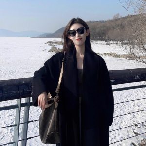 Black Double-Sided Cashmere Coat for Women - 2024 Winter Woolen Mid-Length in Korean Style for Petite Fits