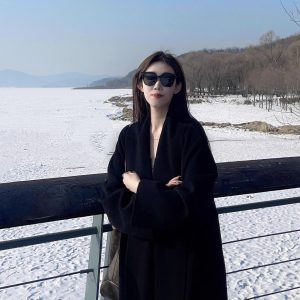 Black Double-Sided Cashmere Coat for Women - 2024 Winter Woolen Mid-Length in Korean Style for Petite Fits