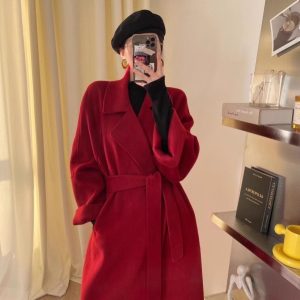 Black Double-Sided Cashmere Coat for Women - 2024 Winter Woolen Mid-Length in Korean Style for Petite Fits