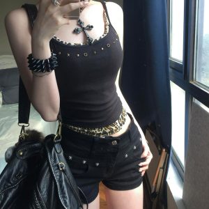 Black Faux Two-Piece Spliced Leopard Print Camisole for Women - Trendy Summer Design, Slim Fit Short Top, Chic Fashion Statement