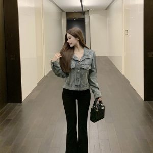 Black Flared Casual Pants with Elastic V-Shaped Hollow Waist - Slim Fit Luna Lona Design for Trendy 90s Y2K Style