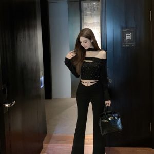 Black Flared Casual Pants with Elastic V-Shaped Hollow Waist - Slim Fit Luna Lona Design for Trendy 90s Y2K Style
