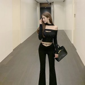 Black Flared Casual Pants with Elastic V-Shaped Hollow Waist - Slim Fit Luna Lona Design for Trendy 90s Y2K Style