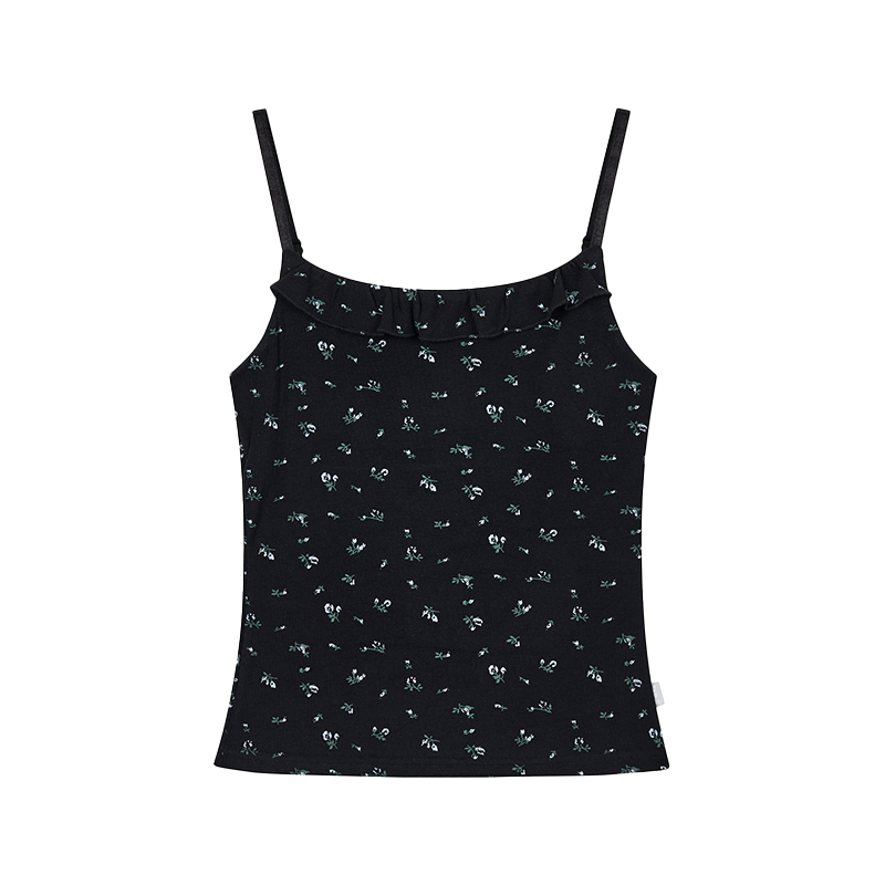 Black Floral Ruffled Strap Tank Top - Casual Fitted Vest for Summer 2024, Perfect for Y2K and 90s Style Fashion