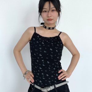 Black Floral Ruffled Strap Tank Top - Casual Fitted Vest for Summer 2024, Perfect for Y2K and 90s Style Fashion