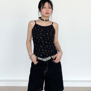 Black Floral Ruffled Strap Tank Top - Casual Fitted Vest for Summer 2024, Perfect for Y2K and 90s Style Fashion