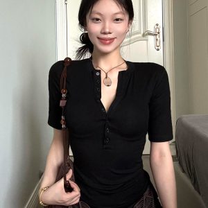 Black Henley Collar Short Sleeve Women's Slim Fit Summer Tee - Trendy Half Sleeve Top for Hot Girl Style