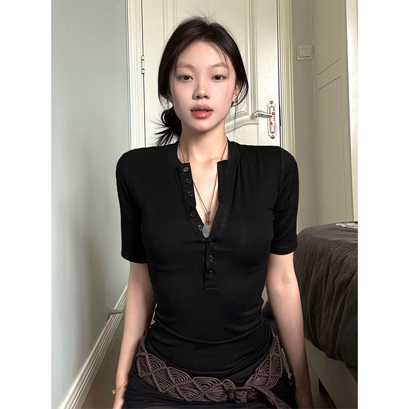 Black Henley Collar Short Sleeve Women's Slim Fit Summer Tee - Trendy Half Sleeve Top for Hot Girl Style