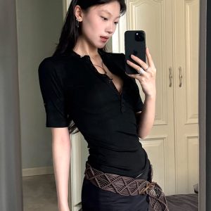 Black Henley Collar Short Sleeve Women's Slim Fit Summer Tee - Trendy Half Sleeve Top for Hot Girl Style