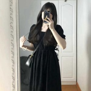 Black Hepburn-Style Square Neck Dress for Women - Summer 2025, Petite, Waist-Cinching, Slimming Long Dress, Timeless Elegance
