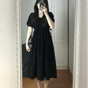 Black Hepburn-Style Square Neck Dress for Women - Summer 2025, Petite, Waist-Cinching, Slimming Long Dress, Timeless Elegance