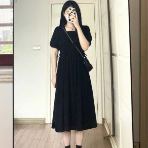 Black Hepburn-Style Square Neck Dress for Women - Summer 2025, Petite, Waist-Cinching, Slimming Long Dress, Timeless Elegance