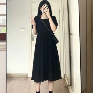 Black Hepburn-Style Square Neck Dress for Women - Summer 2025, Petite, Waist-Cinching, Slimming Long Dress, Timeless Elegance