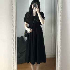 Black Hepburn-Style Square Neck Dress for Women - Summer 2025, Petite, Waist-Cinching, Slimming Long Dress, Timeless Elegance