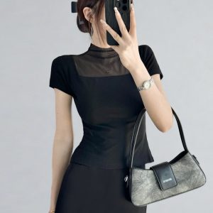 Black High-Neck Mesh Splicing Short-Sleeve T-Shirt for Women, Slim-Fit Cropped Base Layer Top, Waist-Cinching Summer Fashion 2025